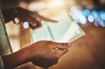Poster - Influencer, hands or tablet with screen in office for business, mockup space for news on digital platform. Female person, workplace or tech for internet notification, online network with bokeh night