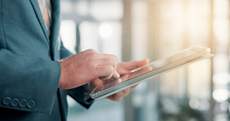 Hands, business and man in office, tablet and digital app for email, connection and internet. Closeup, person and employee in workplace, technology and economy analyst with network or revenue report