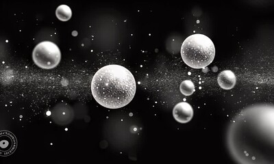 Wall Mural - Dynamic Abstract Visualization of Floating Silver Bubbles in Black Space with Shimmering Light Effects and Delicate Particle Motion