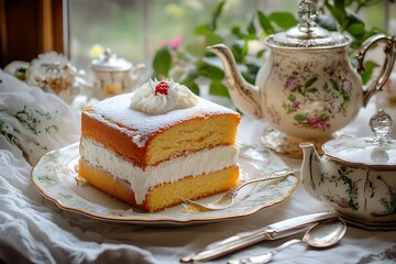 Wall Mural - Vintage-inspired Mother's Day scene with a classic sponge cake and an heirloom tea service on an antique table, bringing old-world charm.