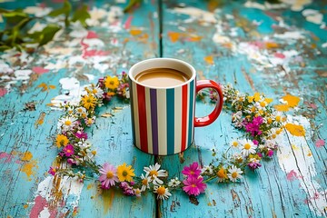 Wall Mural - Whimsical Mother's Day setting with a colorful striped mug of coffee surrounded by a circle of wildflowers on a painted wood table.