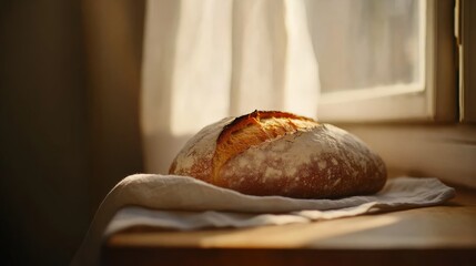 Poster - Golden crusted sourdough loaf rests gently on linen, basking in sunlight filtering through sheer curtains in a cozy kitchen environment