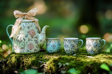 Wall Mural - Whimsical Mother's Day tea with a fairy-tale inspired teapot gift and mismatched cups on a mossy woodland table.