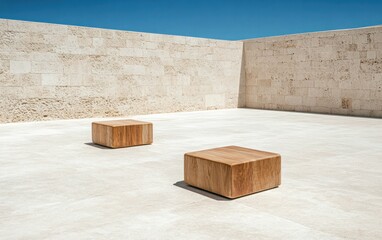 Poster - Sunlit Stone Courtyard with Wooden Blocks