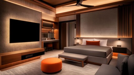 Fototapete - This bedroom showcases a low-profile gray platform bed, warm wood shelving, and bold orange ottomans under soft ambient light, creating a cozy atmosphere