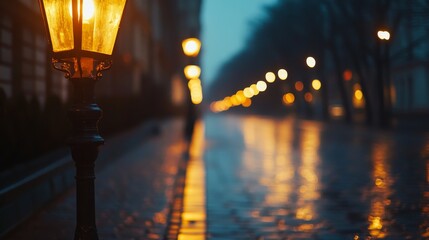 Poster - An ornate vintage streetlamp casts a warm glow on a wet cobblestone road, reflecting the tranquil atmosphere of a quiet city evening under dusk tones