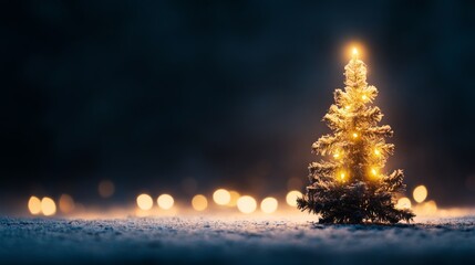 Poster - A snow-dusted fir tree stands proudly, illuminated by soft white lights, set against a deep navy background that enhances the tranquil, festive mood