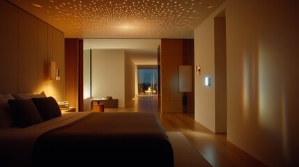 Poster - A neatly made bed with dark bedding anchors a softly lit bedroom. A night projector casts starry patterns, enhancing the serene ambiance perfect for dreaming