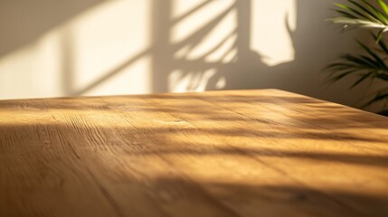 Fototapete - Clean wooden tabletop showcases a soft shadow from a palm frond, creating a perfect backdrop for branding mockups or product displays
