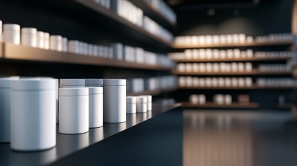 Aufkleber - Clean and serene retail space showcases a minimalist shelving unit with white storage jars and boxes symmetrically placed, enhanced by soft sunlight