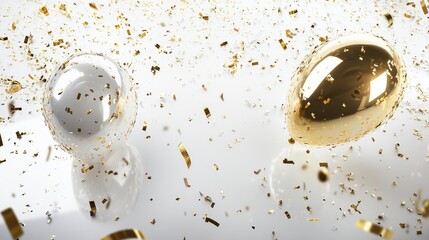 Poster - Scattered golden ribbons and metallic confetti create a festive atmosphere, complemented by drifting chrome balloons on a shiny white floor