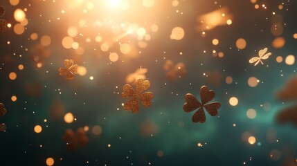 Leinwandbilder - Glowing clover shapes float over a deep emerald surface, enhanced by twinkling golden light flares and soft bokeh, evoking a festive St. Patrick's Day spirit