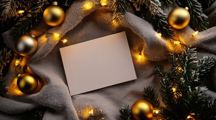 Poster - A blank festive greeting card rests on a textured linen cloth, surrounded by golden baubles and snow-dusted pine needles, illuminated by soft fairy lights