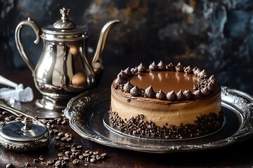Wall Mural - Sophisticated Mother's Day coffee time with a mocha cake adorned with cocoa nibs and a silver coffee pot on a dark wood table, exuding class.