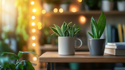 Poster - A charming caf corner features a rustic wooden shelf adorned with plants and books, while a small table is set up with ceramic cups and soft warm lighting