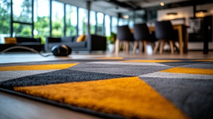 Fototapete - A contemporary lounge area showcases a striking yellow and grey rug with a cordless vacuum cleaner nearby, highlighting a well-maintained, inviting space