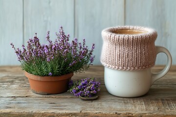 Wall Mural - Warm Mother's Day morning with a cozy hand-knit mug cozy over a cup of coffee, alongside a small pot of blooming heather on a rustic table.