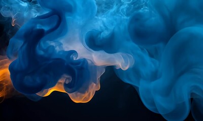 Wall Mural - Dynamic Abstract Smoke Waves with Blue and Orange Hues Creating a Mysterious Atmosphere in a Dark Background