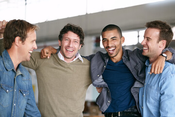 Poster - Happy, celebration and men as employees, creative and hug for achievement, deal and winner of project. Group, male coworkers and people excited for victory of company, embrace and support with smile