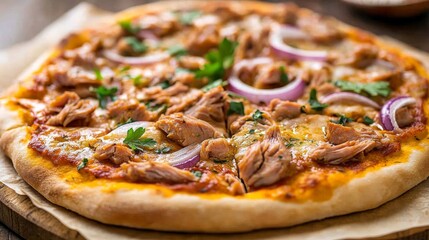 Poster - Freshly baked tuna pizza topped with melted cheese, sliced onions, and herbs is artfully arranged on a rustic wooden tray under warm, natural light
