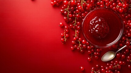 Poster - Close-up of a glass bowl filled with glossy red currant jam surrounded by fresh currants and a silver spoon, creating a homestyle, inviting look