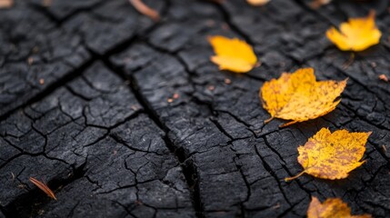 Aufkleber - Golden-yellow leaves scatter across a textured, dark tree stump in a serene forest setting, illuminated by gentle natural light showcasing autumn's beauty