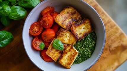 Aufkleber - Vibrant bowl of pan-fried cheese accompanied by fresh tomato salad and pesto, showcasing colorful ingredients laid out on a rustic wooden table