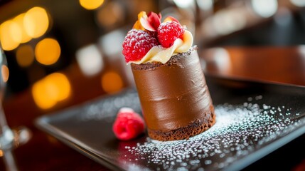 Aufkleber - Close-up of a rich chocolate cake garnished with fresh raspberries and powdered sugar, elegantly presented on a sleek black plate for a luxurious dessert experience
