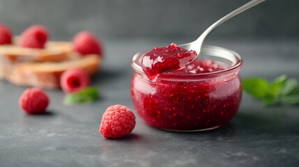 Poster - A jar of homemade raspberry jam sits beside a spoonful dripping onto a slice of toasted bread, highlighting the rich color and texture in a comforting kitchen atmosphere