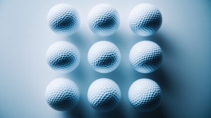 Poster - Six white golf balls neatly arranged in a perfect circle are displayed on a clear, reflective surface, emphasizing their smooth texture and captivating symmetry