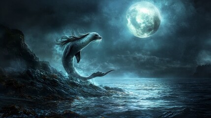 Poster - Majestic selkie emerges from ocean under moonlight fantasy art mystical environment oceanic view