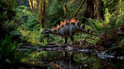 Poster - A serene stegosaurus in a dense forest nature photography tranquil environment lush greenery close-up perspective