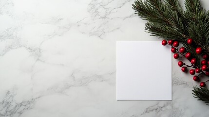 Aufkleber - Winter-themed botanical elements create a serene atmosphere, showcasing pine branches and red berries next to a blank card on a marble surface