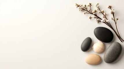 Poster - This serene coastal landscape captures smooth stones and scattered shells against seaweed, highlighting the beauty of nature in a minimalistic composition