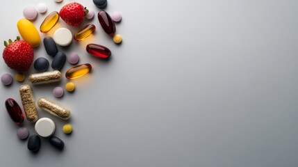 Aufkleber - A colorful display of fresh fruits, vegetables, and dietary supplements is arranged on a white surface, showcasing health and wellness in natural light