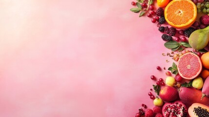 Poster - Variety of fresh fruits and vegetables arranged neatly on a soft pastel surface with natural light enhancing colors, inviting a focus on health and nutrition