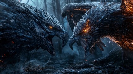Poster - Huginn and muninn mythical ravens clash in enchanted forest fantasy art dramatic atmosphere close-up view