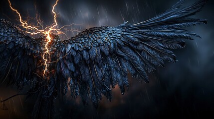 Aufkleber - Majestic impundulus wings displaying intricate feathers amidst thunderous storm close-up dark environment