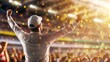 © Elena - A jockey stands high in the stirrups, arms raised in victory while floodlights highlight the excitement of the cheering crowd at a racetrack event