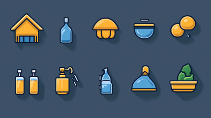 Poster - Icon set vector illustration of house bottle mushroom bowl oranges and beauty products on blue background