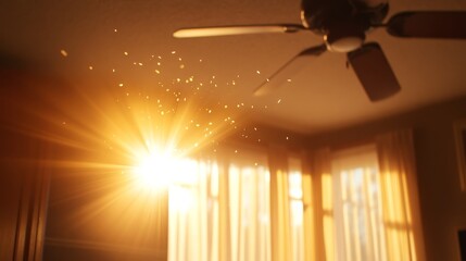Leinwandbilder - In a cozy living room, a spinning ceiling fan stirs floating dust motes as sunlight streams through sheer curtains, creating a warm and inviting atmosphere