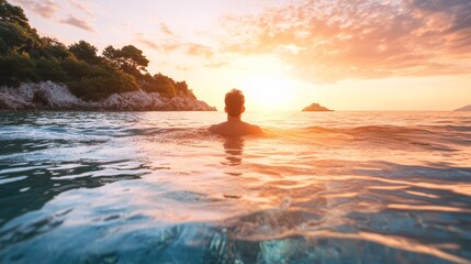 Aufkleber - Clear water reflects the tranquil sky above as a swimmer enjoys the serene moment during sunset. The scene captures the balance of nature perfectly