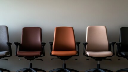 Poster - An assortment of modern office chairs in multiple styles and colors is neatly arranged against a soft gray background, showcasing ergonomic designs and contrasts