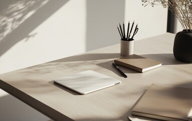 Poster - minimalist beige workspace with notebooks and