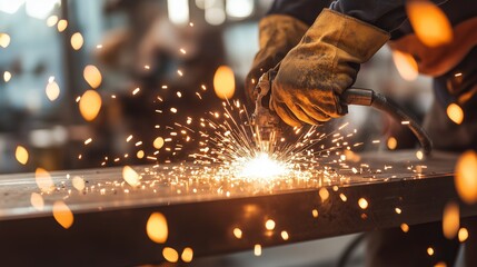 Poster - Skilled welder working with a torch in a workshop, creating sparks during metal fabrication