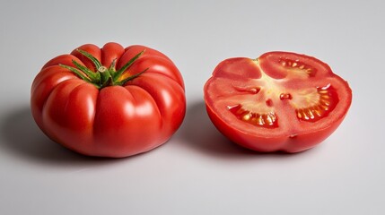 Poster - Ripe tomato split in half displays vibrant flesh and seeds against a clean white backdrop. Ideal for food packaging or nutritional information purposes