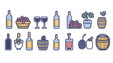 Poster - Wine bottles glasses grapes and barrels vector illustration for winery or vineyard design assets use