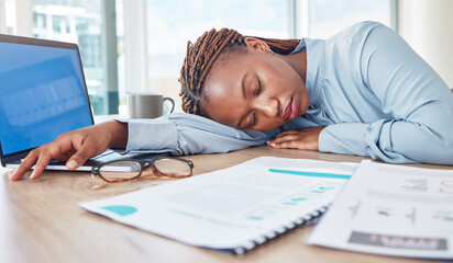 Poster - Sleeping, burnout and tired business woman exhausted after extra office working hours, overtime and sleepless or restless nights. Overworked, sleepy and professional finance woman lying out on desk