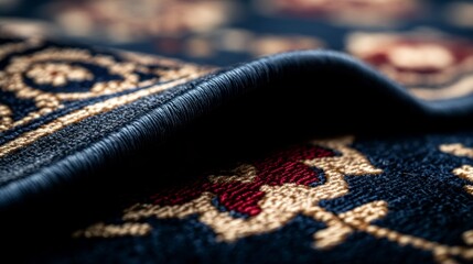 Poster - Richly textured carpet features vibrant red and deep navy threads woven into geometric and floral patterns under soft directional light highlighting its artistry