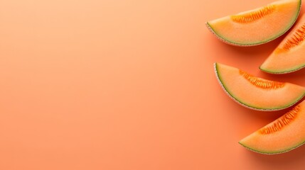 Poster - Juicy wedges of cantaloupe melon are arranged neatly on a solid pastel peach background, showcasing their bright orange flesh and textured rind, perfect for food visuals